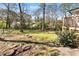 Landscaped backyard with mature trees and a wooden deck, ideal for relaxing and outdoor activities at 4076 Shady Nw Cir, Lilburn, GA 30047