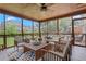 Inviting screened porch with wood furnishings and views of the landscaped backyard at 2535 Winthrope Way, Lawrenceville, GA 30044