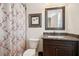 Cozy bathroom featuring a stylish vanity, decorative mirror, and a shower-tub combo at 4155 Brookview Dr, Cumming, GA 30040