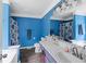 Cheerful bathroom with blue walls, white countertop, and decorative shower curtain at 5 White Pines Dr, Dallas, GA 30157