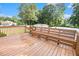 Outdoor back deck with wooden bench overlooking pool and backyard at 108 Faraday Dr, Douglasville, GA 30134