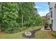 Landscaped backyard features a fire pit, chairs, and a view of the surrounding lush greenery at 2018 Township Dr, Woodstock, GA 30189