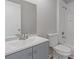 Clean, updated bathroom with gray vanity, white sink and toilet, plus a tiled shower at 2426 Corner Shoals Dr, Decatur, GA 30034