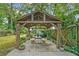 An inviting outdoor gazebo with string lights, a dining table, and lush landscaping at 1844 Stanton St, Decatur, GA 30032