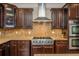 Stylish kitchen with stainless steel range, custom backsplash, and dark wood cabinets at 2025 Eagle Rdg, Roswell, GA 30076