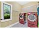 Well-lit laundry room with modern washer/dryer units, storage cabinets and window with green views at 7030 Mandevilla Ln, Douglasville, GA 30135