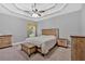 Bright main bedroom featuring a tray ceiling, fan, carpet floor, and rustic furniture at 7030 Mandevilla Ln, Douglasville, GA 30135