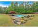 Backyard pool features lounge chairs, landscaping, and shade umbrella surrounded by a lush lawn at 7030 Mandevilla Ln, Douglasville, GA 30135
