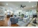 Expansive living room is open to the kitchen with a stone fireplace and many architectural details at 799 Wagon Trl, Woodstock, GA 30188