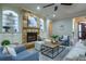 Inviting living room offers a stone fireplace, custom built-ins, and ample seating at 799 Wagon Trl, Woodstock, GA 30188