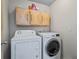 Bright laundry room features a full-sized washer, dryer, and overhead storage cabinets at 2700 Still Farms Ct, Lawrenceville, GA 30043