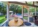 Screened porch with a view of the backyard pool, slide, seating and lush greenery at 5778 Little Oak Trl, Stone Mountain, GA 30087