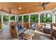 Inviting covered patio with wicker furniture and wood ceiling, perfect for relaxation at 4750 Freeport Bay Ne, Roswell, GA 30075