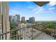 A balcony with a view of the city's skyline on a partly sunny day, with a railing in the foreground at 943 Peachtree Ne St # 1518, Atlanta, GA 30309