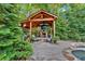 Inviting outdoor space featuring a stone fireplace, wood ceiling, comfortable seating, and lush greenery at 1220 Waterfall Nw Ln, Acworth, GA 30101