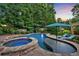 Beautiful backyard featuring a sparkling pool, spa, and lounging area, perfect for relaxation at 1220 Waterfall Nw Ln, Acworth, GA 30101