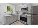 Modern kitchen with gray cabinets, stainless steel appliances, and granite countertops at 2060 Panstone Sw Ct, Marietta, GA 30060