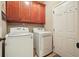 Laundry room featuring a modern washer and dryer set with upper cabinets for storage and easy organization at 3286 Crawford Cir, Marietta, GA 30066
