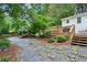Charming backyard with stone walkway, wooden deck, lush landscaping, and serene views at 1680 Bristol Ne Dr, Atlanta, GA 30329