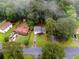 Aerial view of a neighborhood; the house is nestled between mature trees, showcasing a tranquil residential setting at 6535 Buckhurst Trl, Atlanta, GA 30349
