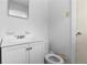 Bathroom featuring a classic white vanity, toilet, and wall mirror at 6535 Buckhurst Trl, Atlanta, GA 30349