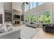 Bright living room with a stone fireplace, built-in shelves, and large windows overlooking a lush backyard at 6625 Baywood Run, Cumming, GA 30041