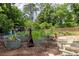 Landscaped backyard featuring raised garden beds, a fire pit, and ample seating for outdoor entertaining at 1195 Russell Dr, Decatur, GA 30030
