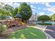 A wooden play structure with a slide next to a community pool at 1860 Hill Chase, Alpharetta, GA 30022