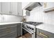 Modern kitchen with gray and white cabinets, stainless steel appliances and marble countertops at 260 2Nd St, Fayetteville, GA 30214