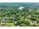 An aerial view of the beautiful wooded property, showcasing its proximity to a lake at 215 Truehedge Trce, Roswell, GA 30076