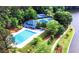 Aerial view of community pool, tennis courts, and scenic walking trails near the lake at 215 Truehedge Trce, Roswell, GA 30076