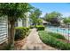 Community pool area featuring lush landscaping, a sidewalk, and a glimpse of a well-maintained building at 663 Serramonte Dr, Marietta, GA 30068