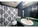 Compact bathroom featuring a marble sink, toilet, and a shower with a decorative curtain at 74 Knights Ct, Dallas, GA 30157