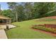 The backyard of this property offers a large lawn, brick terrace, and mature trees at 5545 Durrett Dr, Atlanta, GA 30338