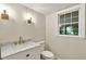 Stylish powder room featuring a marble countertop and elegant sconce lighting at 3564 Liberty Ln, Marietta, GA 30062