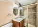 Updated bathroom with glass enclosed shower, and granite countertop vanity at 421 Fond Du Lac Dr, Stone Mountain, GA 30088