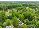 Expansive aerial view of the wooded neighborhood and the home's lush surroundings at 5761 E Emerald Oaks Ln, Acworth, GA 30102