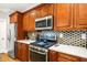 Close up of kitchen with stainless steel appliances, granite countertops and mosaic backsplash at 2573 Paul Nw Ave, Atlanta, GA 30318