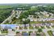 Aerial view of a residential neighborhood with mature trees, well-maintained lawns, and a picturesque pond at 2530 Vistoria Dr, Cumming, GA 30041
