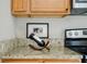 Close up of granite counters in a bright kitchen with wood cabinets and modern appliances at 3312 Northcrest Rd # A, Atlanta, GA 30340
