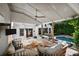 Relaxing covered patio with seating, a TV, and views of the pool and lush landscaping at 820 Highland Ne Ter, Atlanta, GA 30306