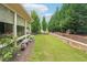 Well maintained backyard featuring a patio area, stone retaining wall, and tree-lined fencing at 332 Rosshandler Rd, Suwanee, GA 30024