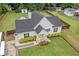 Aerial view of charming home with well-manicured lawn, yellow door, and in-ground pool at 5745 Westwood Dr, Cumming, GA 30040