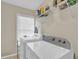 Bright laundry room featuring a washer, dryer, shelving, and a window at 1003 Dunedin Trl, Woodstock, GA 30188
