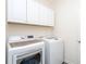 Convenient laundry room equipped with a washer, dryer, and ample storage cabinets at 403 Hidden Hills Ct, Canton, GA 30115