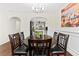 Dining room boasts dark wood floors, wainscotting, a modern chandelier and view into the open floor plan at 6330 Garden Cir, Douglasville, GA 30135