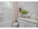 Clean bathroom featuring a shower-tub combo, modern sink vanity, and neutral wall art at 352 Foxglove Way, Mcdonough, GA 30253