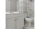 Bathroom with white cabinets, toilet and shower with built in storage at 829 Castlebottom Dr, Lawrenceville, GA 30045