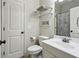 Clean white bathroom with vanity, toilet, and shower with patterned shower curtain at 3250 Seven Oaks Dr, Cumming, GA 30041