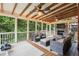 Enjoy outdoor living on this screened porch with fireplace, ceiling fans, TV, and comfortable seating at 3250 Seven Oaks Dr, Cumming, GA 30041